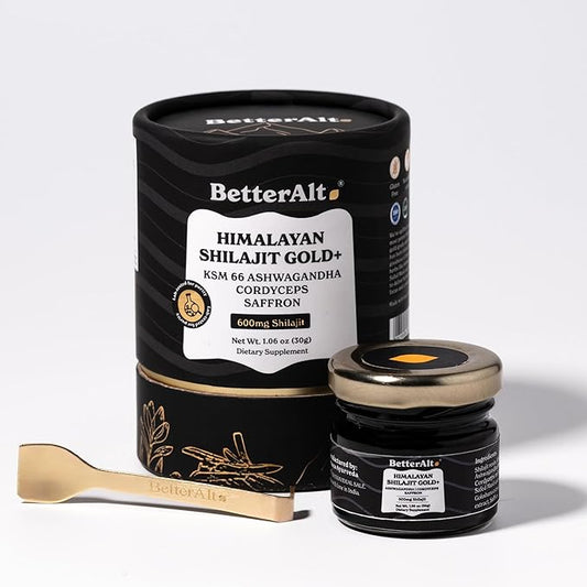 BetterAlt Himalayan Shilajit Gold + with Cordyceps | With KSM 66 Ashwagandha |85+ Trace Minerals, 75% Fulvic Acid, with Lab Test Report, 600mg |For Men & Women