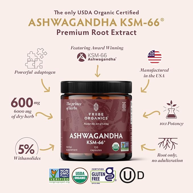 TRIBE ORGANICS Ashwagandha KSM 66 Pure Organic Root Powder Extract Ayurvedic Supplement - Focus Mood Support Increase Energy Strength 600mg of Natural KSM66 for Superior Absorption - 90 Capsules