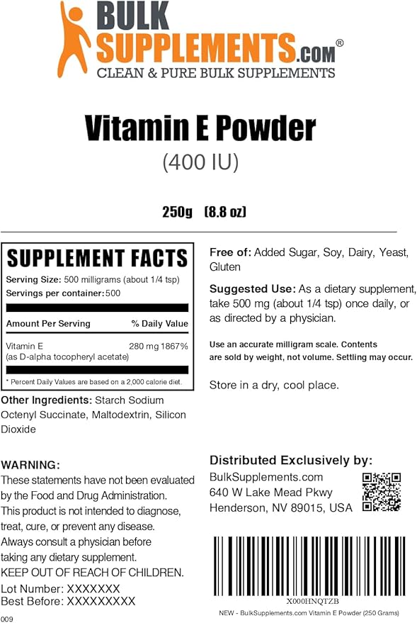 BulkSupplements.com Vitamin E 400 IU Powder - as D-Alpha Tocopherol, Nutritional Supplements - Gluten Free, 500mg per Serving, 250g (8.8 oz) (Pack of 1)