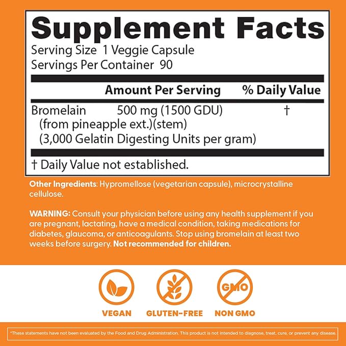 Doctor's Best 3000 GDU Bromelain Proteolytic Digestive Enzymes Supplements, Supports Healthy Digestion, Joint Health, Nutrient Absorption, 500 mg,Capsule, 90 Count(Pack of 1)