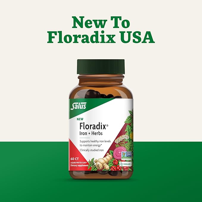 Floradix Iron + Herbs - Iron Supplement for Healthy Energy Support* - Vegan, Non-GMO, Gluten-Free, Soy-Free - 60 Liquid Phyto-Caps