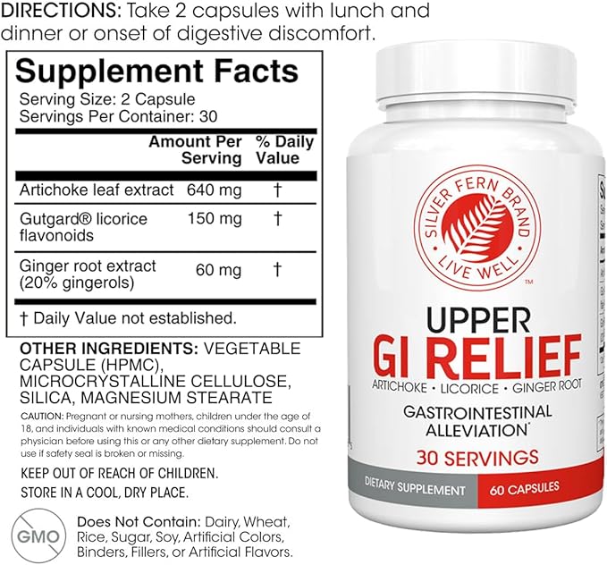 Silver Fern GI Relief - Natural Herbal Supplement - All Natural with Artichoke Leaf Extract, Ginger Root Extract, and GutGuard Licorice Flavonoids (1 Bottle - 60 Capsules - 30 Day Supply)