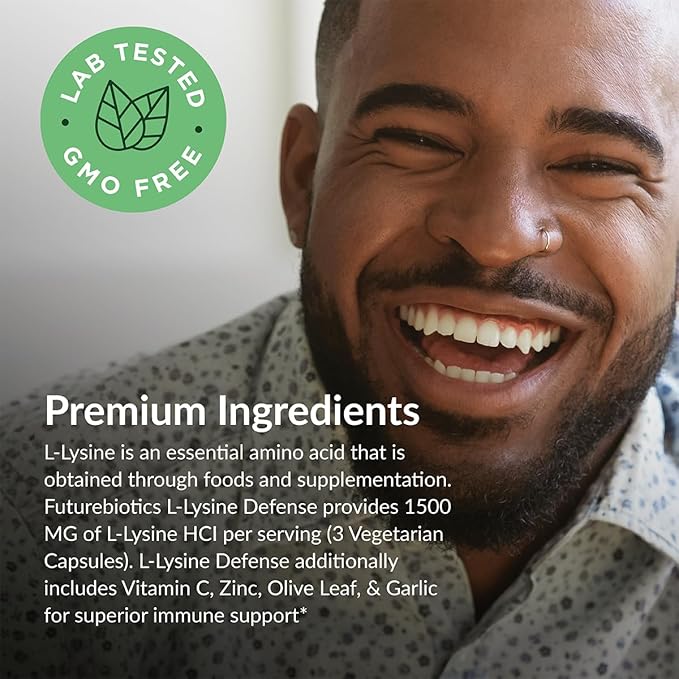 Futurebiotics L-Lysine Defense Immune Support Complex 1500 MG Per Serving with Vitamin C, Zinc, Olive Leaf & Garlic - Non-GMO, 250 Vegetarian Capsules