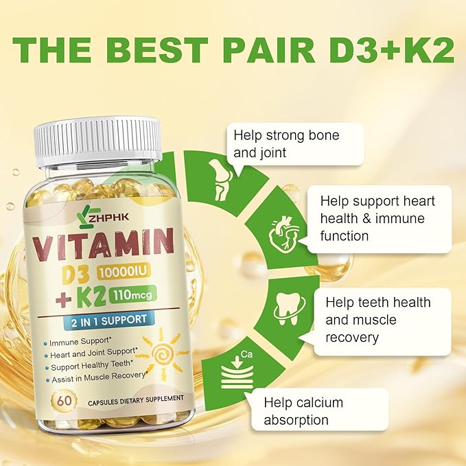 Vitamin K2 D3 Supplements 10,000iu, Vitamin K2 (20mcg MK-4 & 90mcg MK-7), Vitamin D3 for Optimal Calcium Absorption Support Immune, Heart, Joint, Teeth & Bone Health, Gluten Free, 120 Softgels