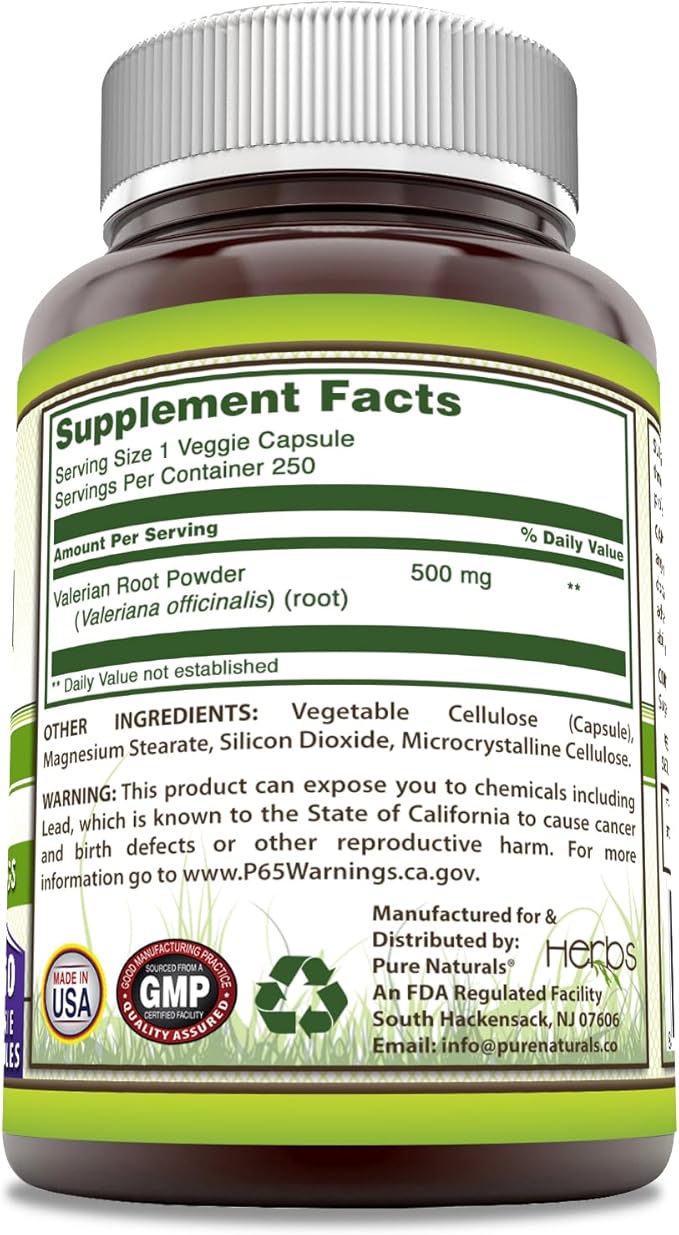 Pure Naturals Valerian Root Supplement | 500 Mg | Veggie Capsules | Non-GMO | Gluten Free | Made in USA (250 Count)