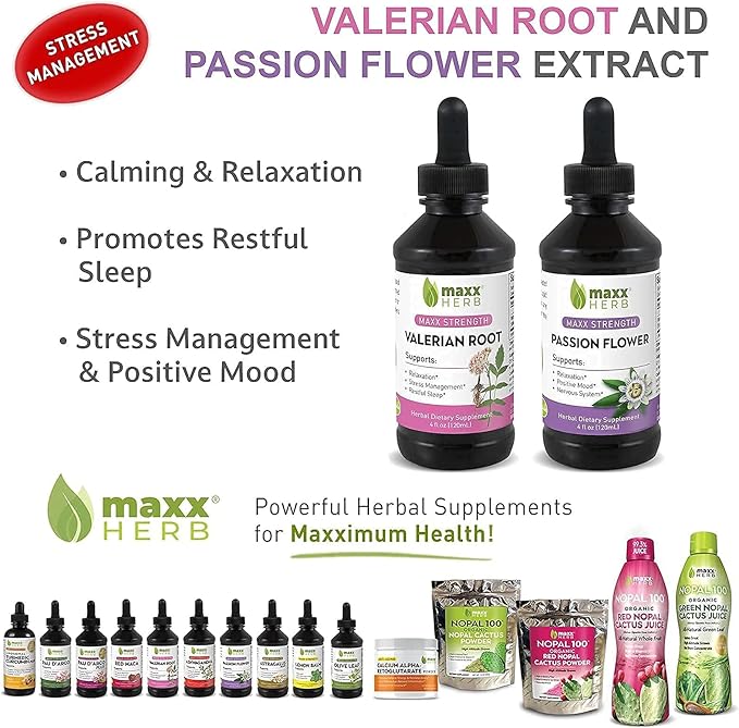 Maxx Herb Passion Flower Extract + Valerian Root Extract - for Relaxation and Stress Management, Alcohol-Free - (1 Each) 4 Oz Bottle (60 Servings)