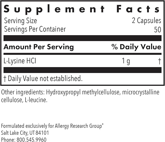 Allergy Research Group L-Lysine - Immune Support, L-Lysine HCI, Free Form Amino Acid, 500mg Supplement, Pure, Organic, Vegetarian Capsules - 100 Count