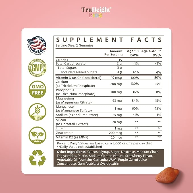 TruHeight Kids Bone Growth Gummies (Strawberry, Ages 2+) All Natural Kids & Toddler Vitamins - Vitamin D, Calcium, K2, Magnesium Multivitamin - Natural Growth & Development, Builds Strong Bones, Vegan