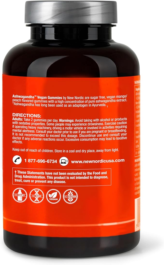 NEW NORDIC Ashwagandha Gummies, 300 mg Ashwagandha Root Extract, Sugar Free, Adaptogens for Men and Women, Delicious Mango Peach, 60 Gummies