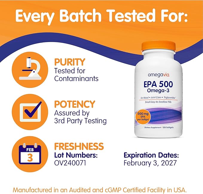OmegaVia EPA 500, Purified Omega-3 Fish Oil Supplement, 500 mg EPA in Triglyceride Form, Burpless Fish Oil, Non-GMO, Gluten-Free, IFOS 5-Star, 120 Softgels
