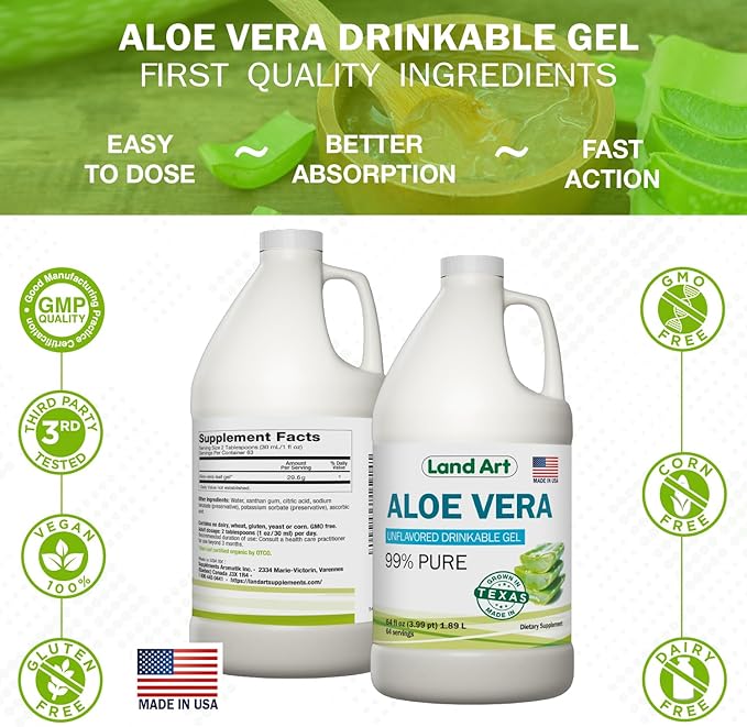 Land Art Pure Aloe Vera Drinkable Gel Unflavored - Cold-Processed Inner Filet - from Organic Fresh Leaves from Texas - for Heartburn Relief - Acid Reflux - 64 fl oz