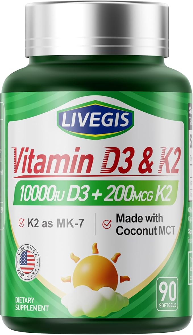 Vitamin D3 K2 Softgels, D3 10000 IU with K2 (MK-7) 200 mcg with Coconut Oil Softgels, Easy to Swallow 2 in 1 Vitamins D & K, Supports Calcium Absorption, Immune and Heart Health - 90 Counts