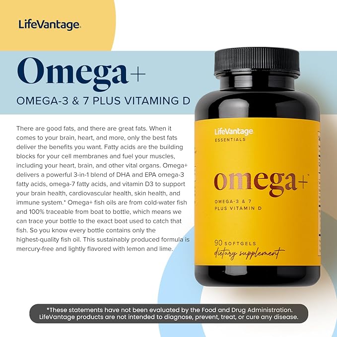 LifeVantage - Omega+ - Supplement 3-in-1 Blend of Omega-7, Vitamin D and Omega-3 - for Brain, Cardiovascular, Skin Health and Immunity - 90 Softgels