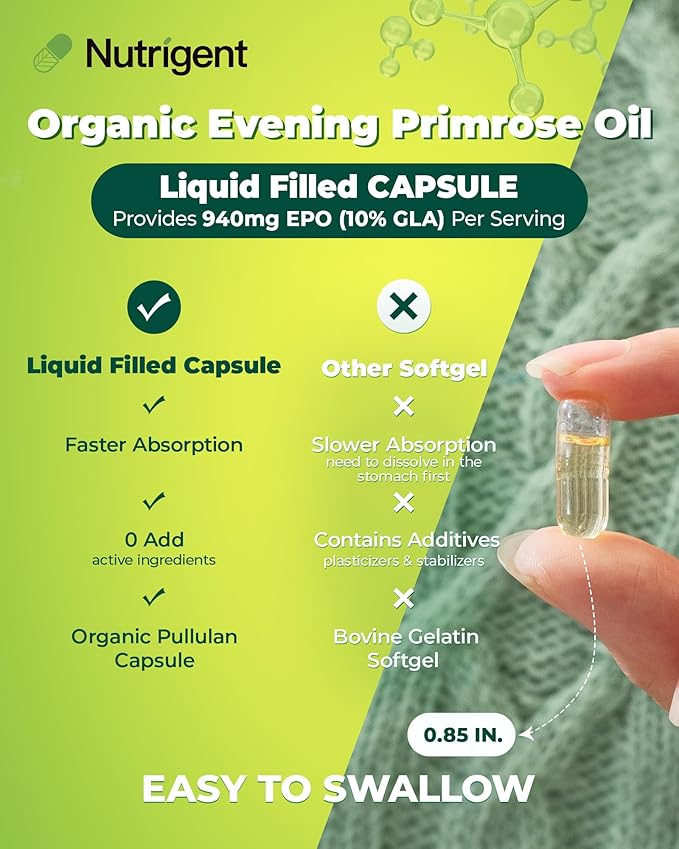 Organic Evening Primrose Oil Supplement, 940 mg 100% Pure with 10% GLA, High Absorption Liquid Organic Capsules, Promotes Women's Health & Skin Health, Cold Pressed, 60 Count