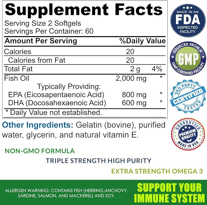 Omega 3 Burpless Max Strength Fish Oil Supplement, Dr. Formula 2000 mg with Vitamin E, 800 mg EPA 600 mg DHA Ultimate Brain, Hair Support Men & Women, Non-GMO 120 Small Liquid Rapid Release Softgels