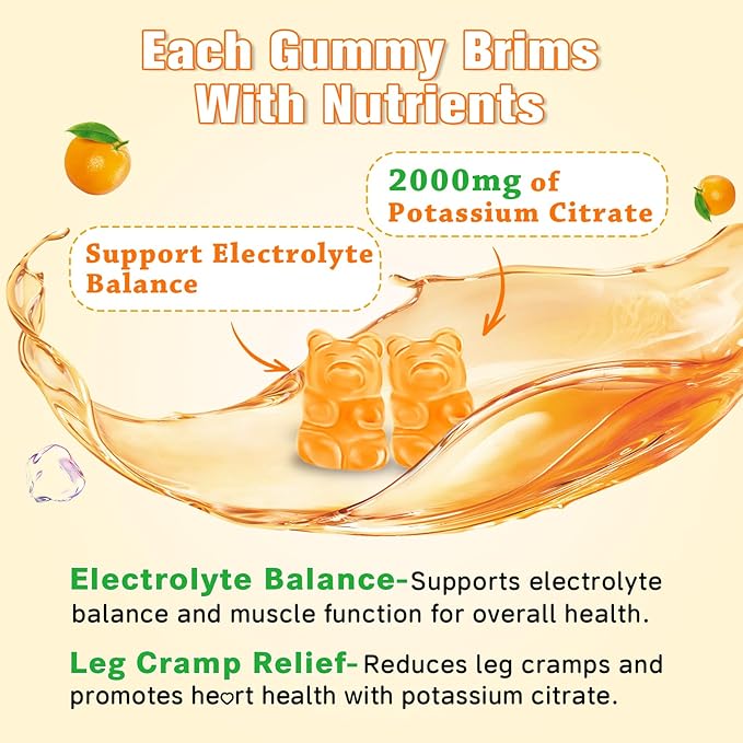 2 Pack Potassium Citrate Gummies – High Potency Potassium Supplement for Muscle Health, Leg Cramp Relief, Electrolyte Balance – Vegan, Non-GMO, Gluten-Free, Orange Flavor, 120 Count