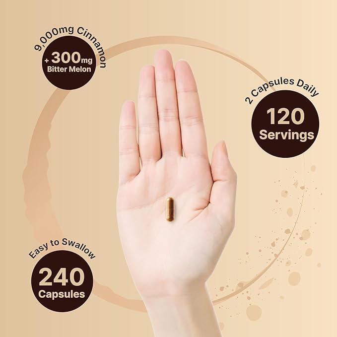 NatureBell Ceylon Cinnamon 9,000mg Per Serving, 240 Capsules | Made with Organic Sri Lanka Ceylon Cinnamon and Organic Bitter Melon, 2 in 1 Support – Non-GMO, No Gluten
