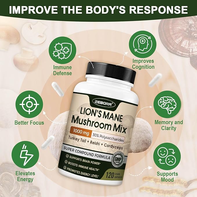 ZEBORA Lions Mane Supplement Capsules - Mushroom Supplement with Lions Mane, Cordyceps, Reishi, Turkey Tail, Shiitake - Lion's Mane Mushroom for Memory, Focus & Immune Support - 119 Vegan Capsules