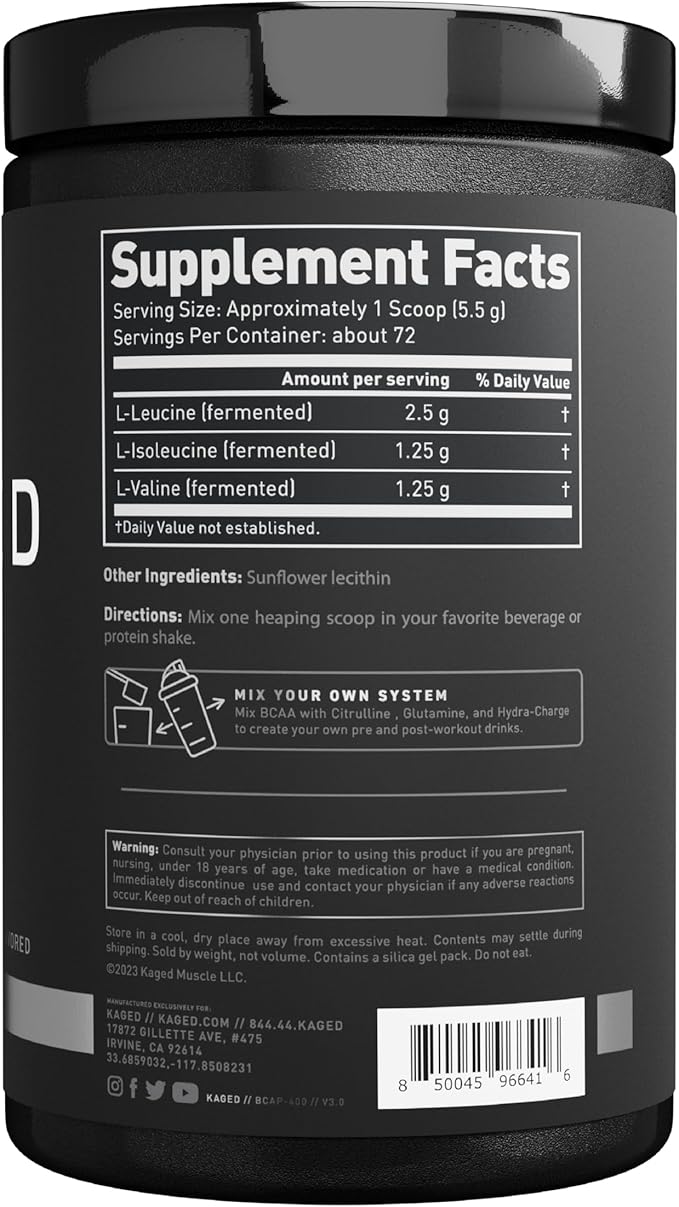 BCAA Powder, Kaged BCAAs Amino Acids, Fermented, Plant Based & Vegan Friendly Branched Chain Amino Acid, 5g BCAA Unflavored, Amino Acid Supplements for Men, 72 Servings