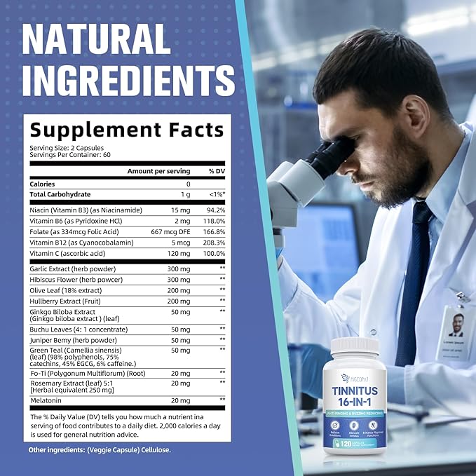 Tinnitus Relief for Ringing Ears, Tinnitus Relief Supplement with Ginkgo Biloba & Vitamin B12 | Natural Tinnitus Treatment for Reduce Ear Noise, Improve Hearing & Emotional Support - 120 Capsules