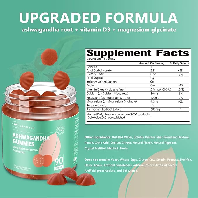 AFXMATE Ashwagandha Gummies for Women, Potassium Magnesium Glycinate Supplement for Adults, Sugar Free Vegan Ashwagandha Gummy (90 Gummies)
