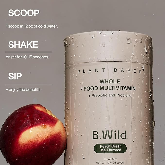 Multivitamin Drink Mix | B.Wild Plant Based Antioxidant Drink | Prebiotics and Probiotics for Digestive Health - Peach Green Tea Flavor - 300 g, 30 Day Supply