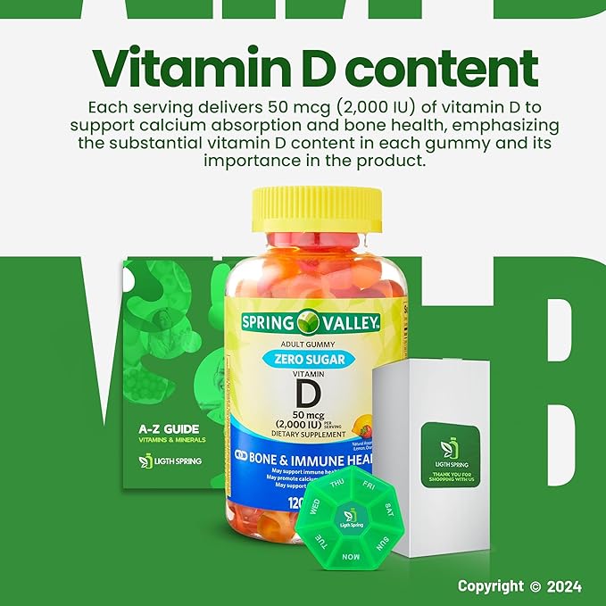 Zero Sugar Vitamin D Spring V Gummies, 50 Mcg (2,000 IU), 120 Count, Lemon, Orange & Strawberry Flavors, Supports Bone & Immune Health + Better Ligth&Spring Guide