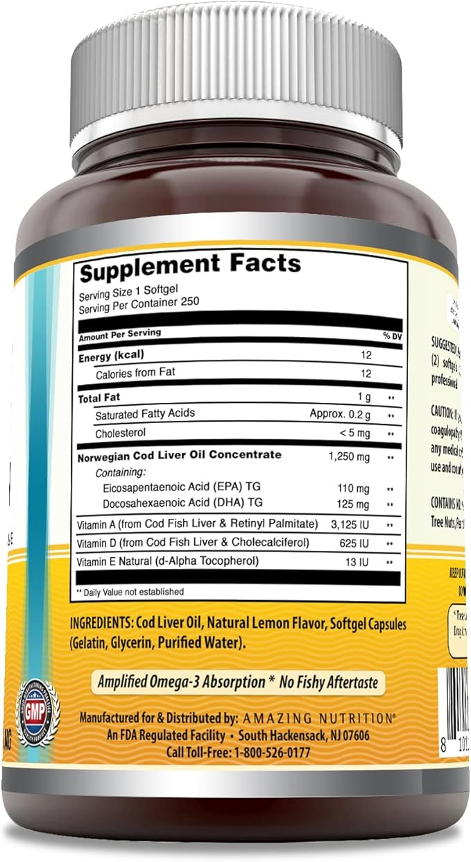Amazing Omega Norwegian Cod Liver Oil 1250 Mg Softgels Supplement | Omega-3, EPA, DHA, Vitamin A, Vitamin D & Vitamin E (Lemon | 250 Count)