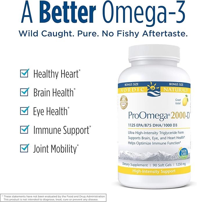 Nordic Naturals ProOmega 2000-D, Lemon Flavor - 90 Soft Gels - 2150 mg Omega-3 + 1000 IU D3 - Ultra High-Potency Fish Oil - EPA & DHA - Brain, Heart, & Immune Health - Non-GMO - 45 Servings