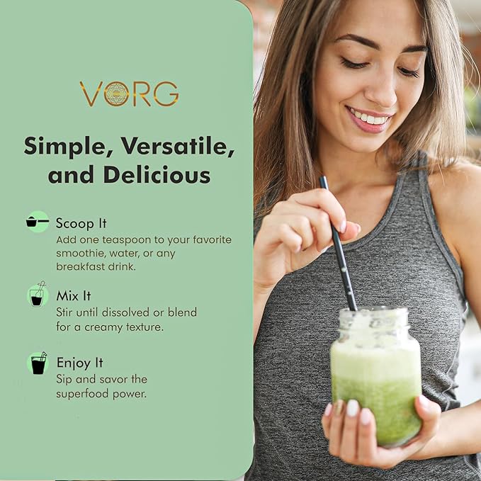 VORG SuperGreens – Organic Green Superfood Powder | Chlorella, Barley Grass, Moringa, Spirulina, Wheatgrass | Probiotics, Digestive Enzymes & Fiber for Energy, Detox & Gut Health (5.92)