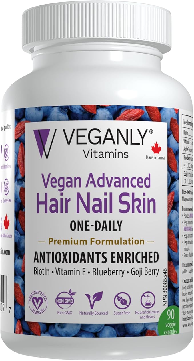 Vegan Advanced Hair Nail Skin One-Daily, 90 Veggie Caps - Antioxidant Enriched - Improve Hair, Improve Skin Health and Nail Health - Plant Based with Biotin & Natural Superfood