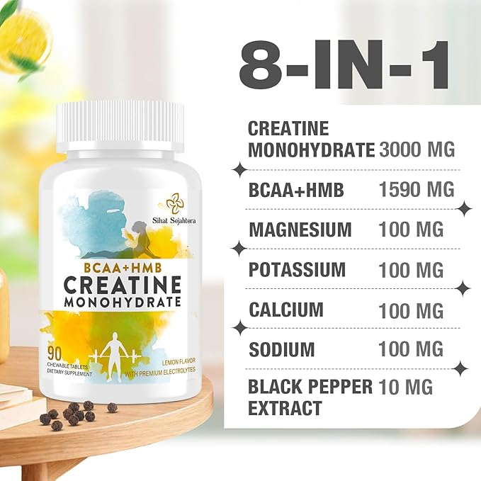 8-in-1 Creatine Monohydrate with BCAA & HMB, 5000 mg for Men & Women, Creatine Chews for Muscle, Recovery, Endurance & Strength, High Absorption, Lemon Flavor, Sugar-Free, 90 Tablets