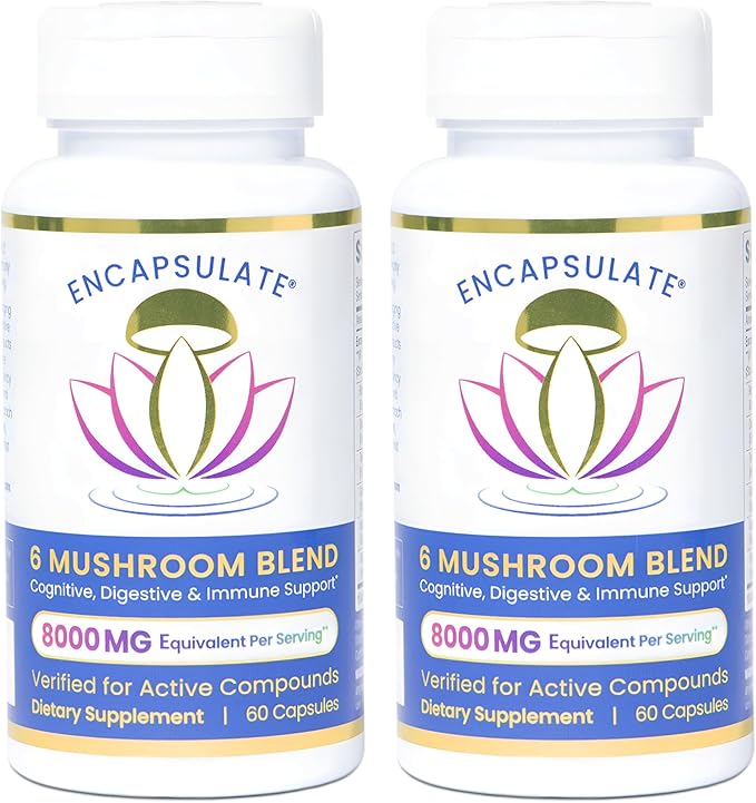 ENCAPSULATE 6 Mushroom Blend – Reishi, Chaga, Turkey Tail, Cordyceps, Lion’s Mane & Shiitake 8:1 Mushroom Extract – Nootropic & Adaptogen Mushroom Supplement for Gut, Brain & Immune Support - 120 Caps