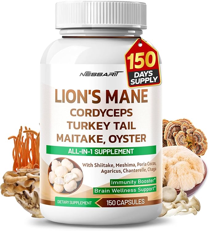 Lion's Mane Supplement - 12-in-1 Natural Blend with Cordyceps Turkey Tail Maitake Oyster Shiitake Meshima Poria Cocos - 150 Count - Made & Tested in The USA
