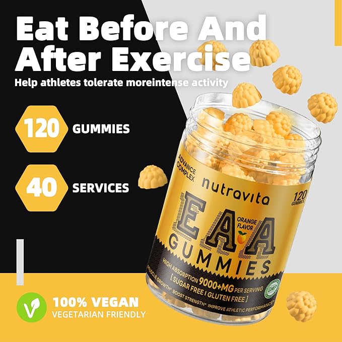 EAA Gummies 120 Gummies (Orange), Essential Amino Acids - All 9 Essential Aminos (EAA) and All Branched-Chain Aminos (BCAAs), Non-GMO, Gluten Free, Vegetarian Friendly
