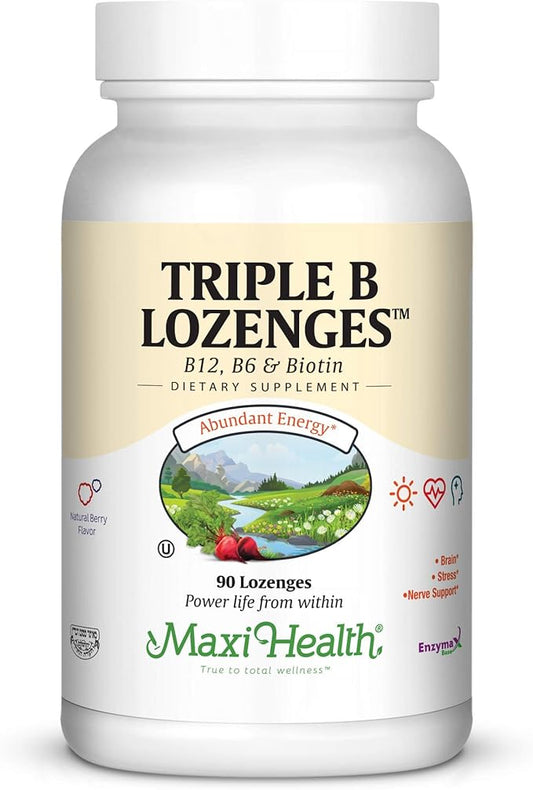 Maxi Health Triple B Lozenges - Vitamin B12 & B6 & Biotin - Strawberry Flavor - 90 Chewies - Kosher