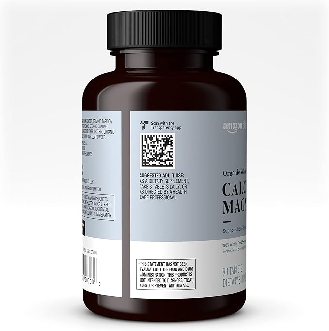 Amazon Elements - Organic Whole Food Calcium & Magnesium, Vegan, Gluten Free, 90 tablets
