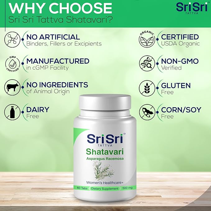 Sri Sri Tattva Shatavari Asparagus Racemosa Dietary Supplements – 60 Tablets 500mg Organic Shatavari– Reproductive Health Ayurvedic Herb for Balancing Vata & Pitta