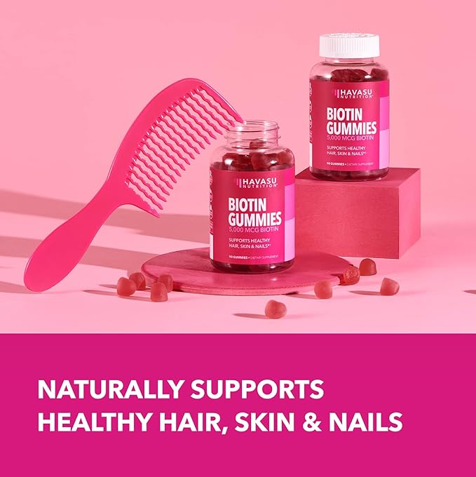 5000mcg Biotin Gummies for Hair, Skin and Nails - Vegan Supplement for Women and Men - GLP-1 Nutritional Support to Promote Lucious Locks and Radiant Skin - Vitamin B7 - Strawberry Flavor, 90 count