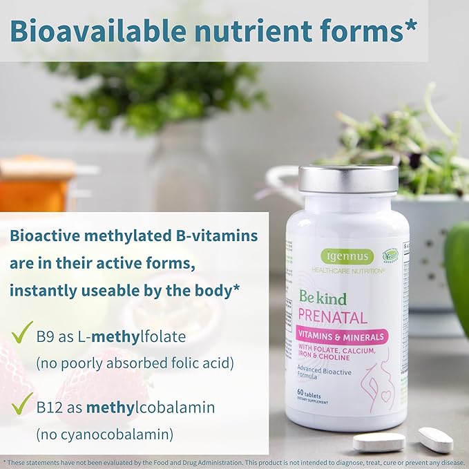 Igennus Methylated Prenatal Multivitamin for Women, Folate for MTHFR, High Absorption, Clean Label, Gentle Iron, Choline, Calcium & Magnesium, Vegan Pregnancy Vitamins, Halal, Non-GMO, 60 Tablets x6