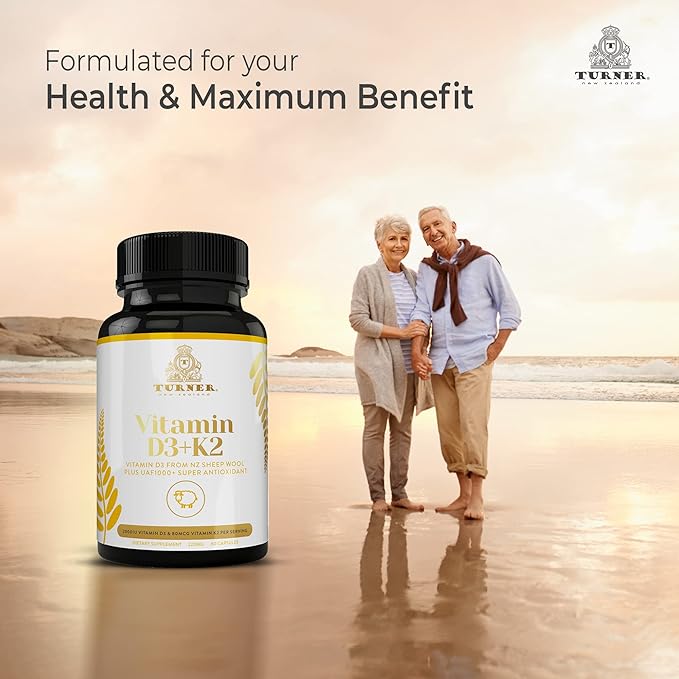 TURNER Vitamin D3 (2000IU) Plus K2 (80mcg), 2 in 1 Formula, Vitamin D3 Liquid with Vitamin K2, 60 Soft-Gels, Support Heart, Teeth & Joint Health, Easy to Swallow
