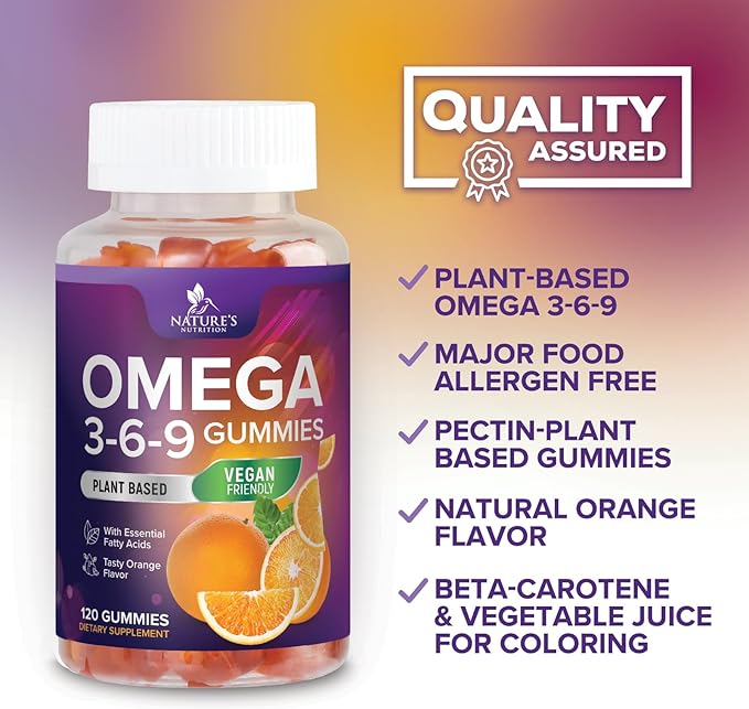 Omega 3 6 9 Vegan Gummies - Triple Strength Omega 3 Supplement Gummy - Essential Oil 369 Heart Support and Brain Support for Women, Men & Pregnant Women, Non-GMO, Orange Flavor - 120 Gummies