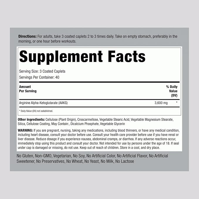 Piping Rock AAKG Supplement | 120 Caplets | 3600 mg | Arginine Alpha-Ketoglutarate Supplement | Nitric Oxide Enhancer | Max Strength | Vegetarian, Non-GMO, Gluten Free