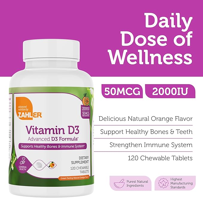 Zahler Chewable Vitamin D - Chewable Vitamin D3 2000IU (50 mcg) for Bone Health and Immune Health - Vegetarian Gluten Free Non-GMO Kosher for Adults (120 Count)