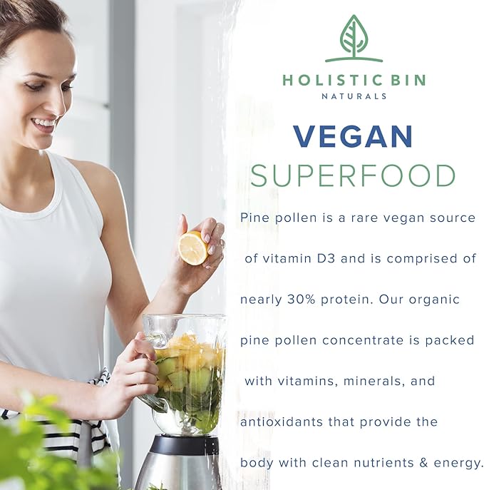 Holistic Bin Pine Pollen Capsules 500mg (Pinus Ponderosa) - Wild Harvested California Ponderosa Pine Pollen Powder - Olympic Grade - Organic, Non-GMO, No Fillers - 30 Day Supply (40 Capsules)