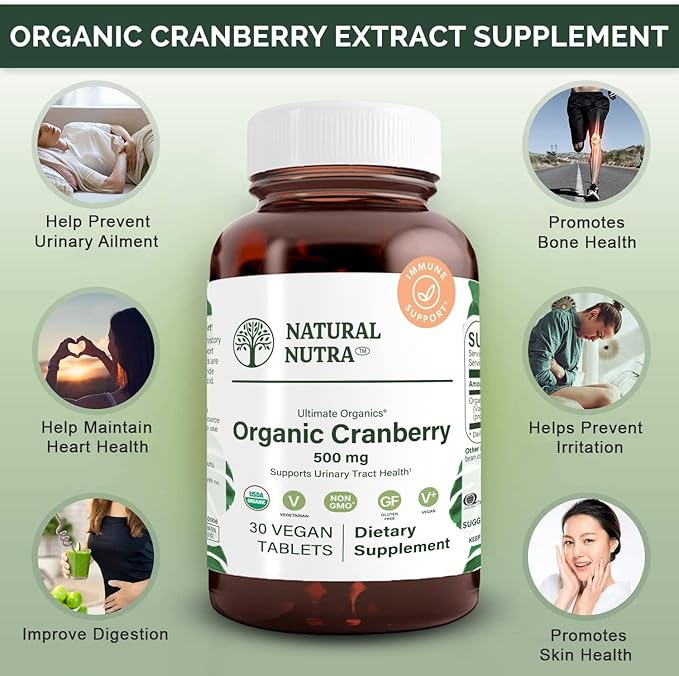 Natural Nutra Organic Cranberry Extract Supplement, Help Prevent Urinary Ailment, Promotes Bone Health, Help Maintain Heart Health, Improve Digestion, Promote Skin Health, 30 Tablets, One Month Supply