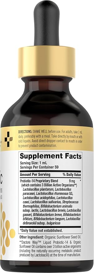 Doctor's Way Liquid Probiotic | 2 fl oz | 14 Probiotic Strains with Organic Sunflower Oil | Non-GMO Supplement