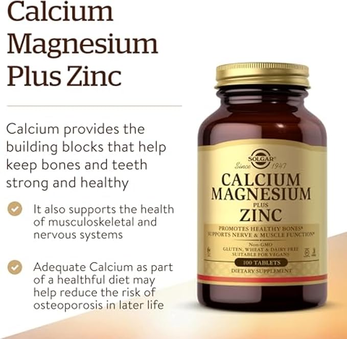 Solgar Calcium Magnesium Plus Zinc, 100 Tablets - Promotes Healthy Bones and Teeth - Supports Nerve & Muscle Function - Non GMO, Vegan, Gluten Free, Dairy Free, Kosher, Halal - 33 Servings