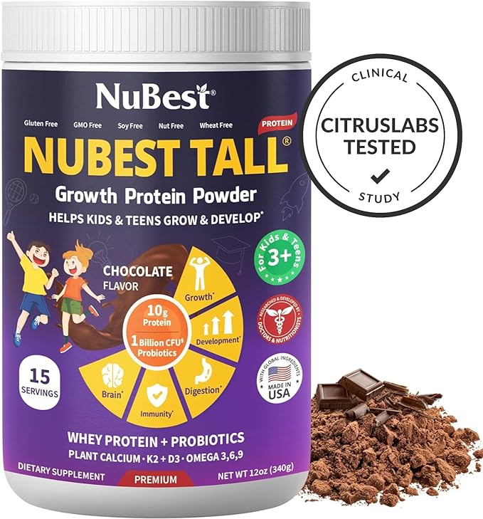 NuBest Tall Protein Powder for Kids & Teens - Chocolate Protein Powder with Red Algae Calcium, Probiotics, Omega 3-6-9, Vitamin D3 K2 & Magnesium from Marine Algae - Bone Strength & Immunity - Pack 2