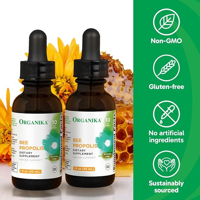 Organika Bee Propolis Tincture 30 ml x 2 Pack: Clean and Vegan Propolis Extract for Immune Defenses, Throat, and Breath - Free of Gluten, GMO, & Artificial Flavors - 20 Day Prop Drops Supply